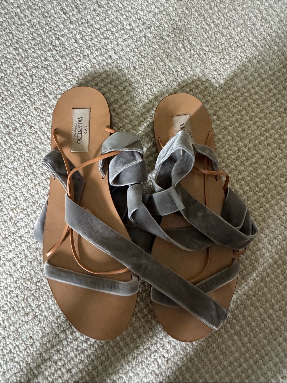 Valentino Gray Velvet Wrap Flat Sandals